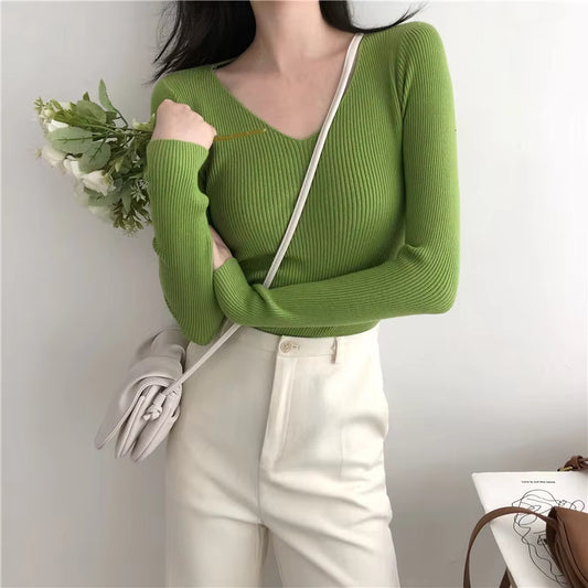 Autumn Winter V-neck Knit Long Sleeves Slim Skinny soft Women's Thin Sweater