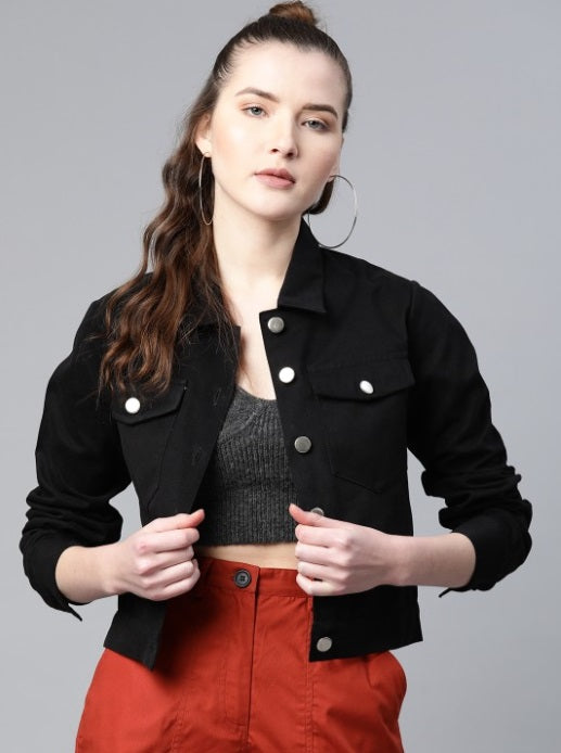 Women Black Solid Pure Cotton Modern Designer Jacket