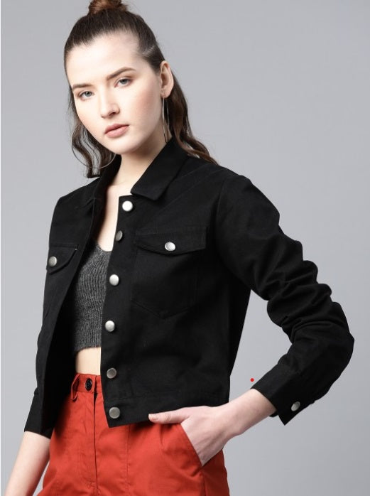 Women Black Solid Pure Cotton Modern Designer Jacket